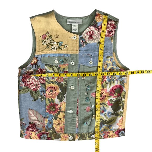 Susan Bristol Multicolor Patchwork Floral Linen Cotton Button Front Vest Small - Picture 13 of 13